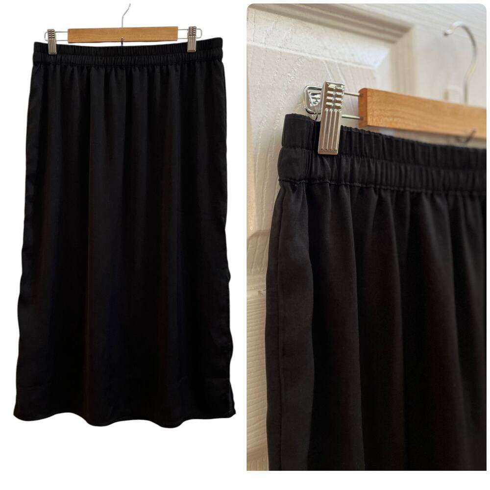 Gap Black Satin Left Side Slit Elastic Waist Midi Slip Skirt Large Style 770230